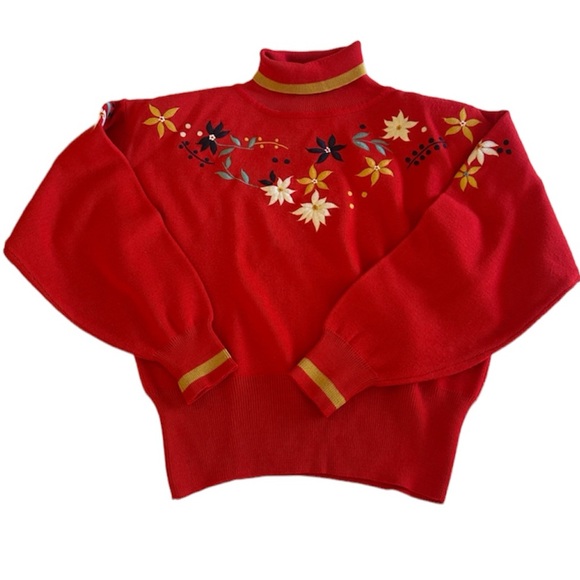 Obermeyer Sweaters - Obermeyer Vintage Floral Embroidered 80’s Wool Blend Turtleneck Ski Sweater Med